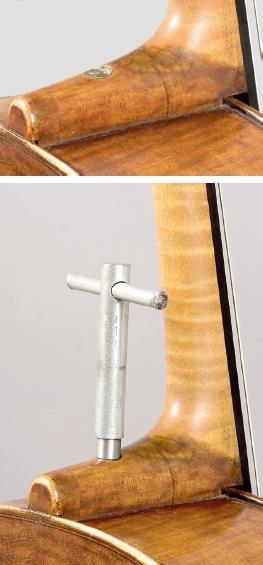 圖7來自Stradivari作坊的Bass viola da gamba，約1735年，Jos.Wagner于1831年改裝成帶可調節琴頸的大提琴。請注意琴頸嵌入肋骨而非頂部